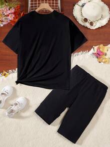 SHEIN Tween Girl Casual Cartoon Printed T-Shirt And Shorts Set, Suitable For Summer - Black - View 2