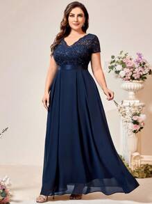 Vestido de noche de gasa con escote en V, corpiño de encaje con lentejuelas y volantes, elegante vestido de gala formal, adecuado para ceremonia de graduación, cena de gala, baile de bienvenida y otras ocasiones de fiesta y boda de primavera - Azul Marino - Ver 7