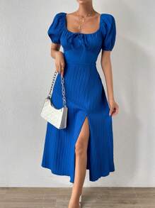 Chiquease Robe maxi femme avec manches bouffantes, col bardot, fente sur la cuisse et nœud devant - Bleu azur - Voir 1