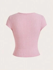 SHEIN EZwear 3pcs Sweet And Cute Square Neck Short Sleeve Rib-Knit Tee For Summer - Multicolor - View 6