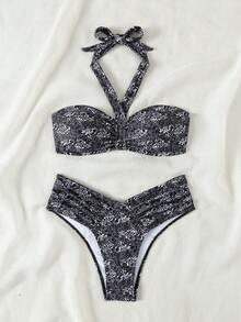 SHEIN Swim 全印花荷葉邊領口比基尼套裝 - 黑與白 - 查看 7