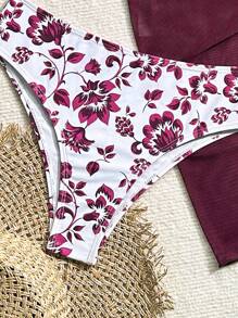 Swim Mod 3-Piece Women Separated Floral Print Bikini Set With Halter-Neck Top, Swim Bottom And Tie-Side Swim Skirt, Random Print, Summer Beach
