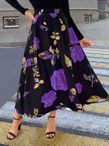 Celure 大尺碼女大花朵印花大擺裙 - 紫色 - 查看 4