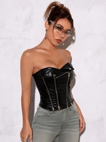 Hauture PU Leather Zip Detail Fashion Tube Top - Black - View 4