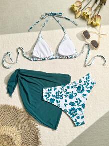 Swim Mod 2-Piece Floral Print Bikini Set, 3 Pcs Summer - Teal Blue - View 2