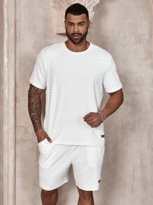 Manfinity Homme Men Plus Size Solid Textured Short Sleeve T-Shirt And Shorts Set, Summer
