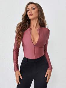 Women Solid Color Long Sleeve Zipper Bodysuit - Burgundy - View 5