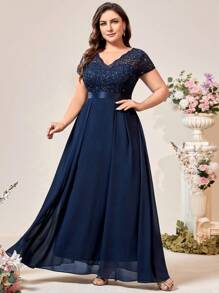 Vestido de noche de gasa con escote en V, corpiño de encaje con lentejuelas y volantes, elegante vestido de gala formal, adecuado para ceremonia de graduación, cena de gala, baile de bienvenida y otras ocasiones de fiesta y boda de primavera - Azul Marino - Ver 6