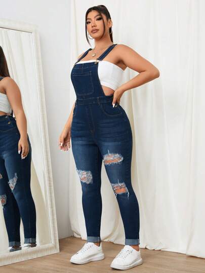 SHEIN EZwear Plus Size Spring/Summer Skinny Ripped Denim Overalls