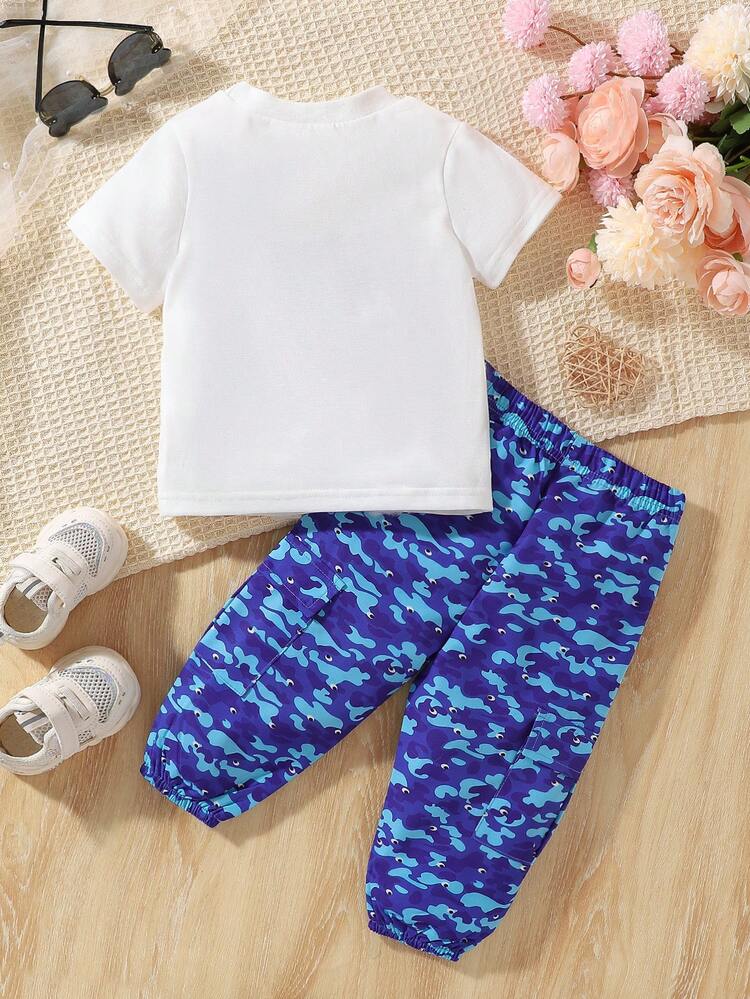 Summer Cool Baby Boy Heart & Letter Print Short Sleeve T-Shirt And Camo Long Pants Handsome Two Piece Set