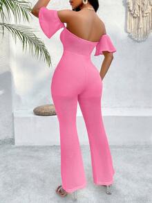 Sexy Damen Einteiler Für Den Sommer, Massiver Off Schulter Jumpsuit Mit Schleife Details Und Glockenärmeln Für Urlaub Und Freizeit - Pink - Übersicht 2