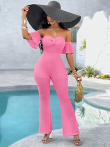 Sexy Damen Einteiler Für Den Sommer, Massiver Off Schulter Jumpsuit Mit Schleife Details Und Glockenärmeln Für Urlaub Und Freizeit - Pink - Übersicht 5