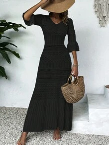 Floral V-Neck Midi Dress, Casual Cover-Up For Vacation, Women, Spring Summer, With Ruffled Sleeves And Hollow-Out Design (Floral Print Random)