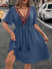 SHEIN Holidaya Đầm cổ chữ V sâu cỡ lớn dành cho nữ - Màu xanh lam - Xem 3