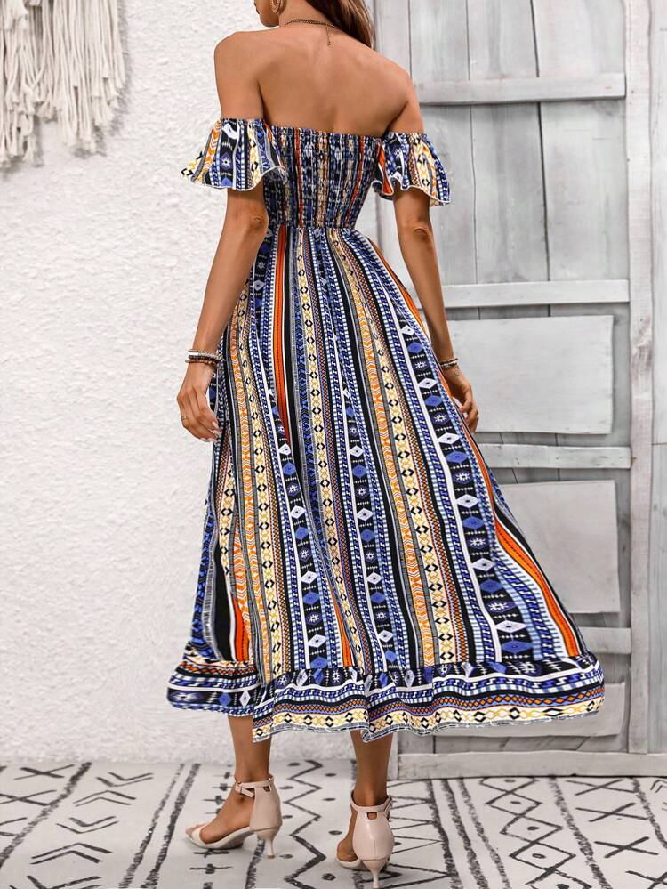 Vintage Style Holiday Printed Off Shoulder Ruffle Wrap Dress