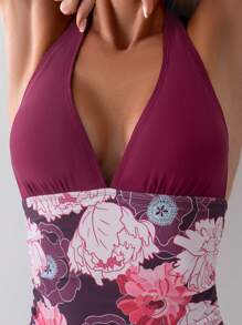 SHEIN Swim 夏季女式花卉印花露背连体泳衣，带拼布细节 - 彩色 - 查看 4