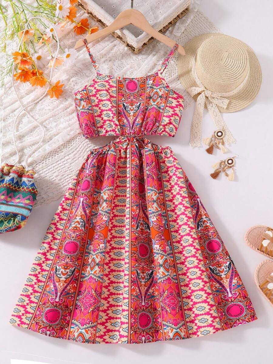 Vintage Pattern Tween Girl Hollow Out Waist Sleeveless Dress For Summer Vacation - Red - View 1