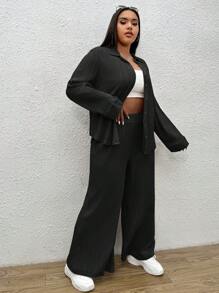 SHEIN EZwear Ensemble deux pièces de Top à manches longues et pantalon de couleur unie grande taille, pour le port quotidien au printemps - Noir - Voir 4