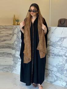 时尚豹纹拼接阿拉伯长袍黑色朴素长袖连衣裙阿巴亚 - 黑色 - 查看 1