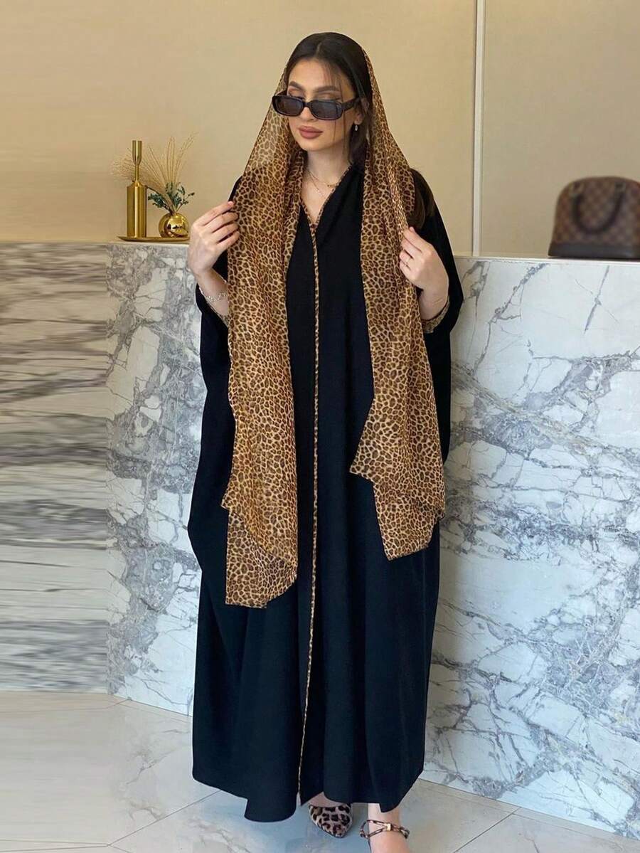 时尚豹纹拼接阿拉伯长袍黑色朴素长袖连衣裙阿巴亚 - 黑色 - 查看 1