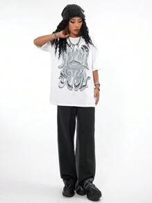 Coolane Women Streetwear Y2K Graphics Over Size T Shirt - White - View 4