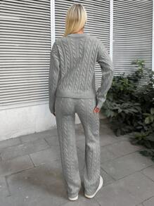 SHEIN Cottnline Solid Color Cable Knit Drop Shoulder Sweater And Knitted Pants Two Piece Set - Light Grey - View 2