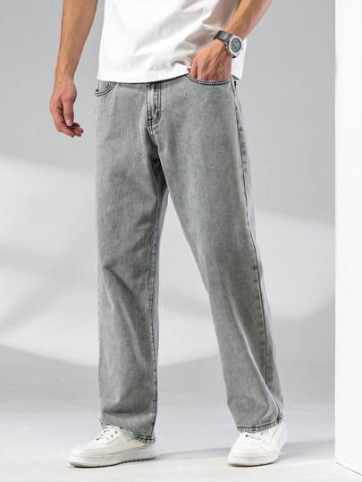 QuarKem Men\ Solid Straight Leg Jeans, Grey Baggy Jeans Men, Loose Jeans Pants For Men, Men's Grey Jeans, Baggy Jeans