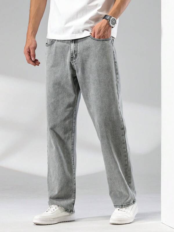 Manfinity Homme Men\ Solid Straight Leg Jeans, Grey Baggy Jeans Men, Loose Jeans Pants For Men, Men's Grey Jeans, Baggy Jeans