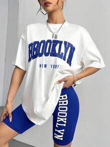 Coolane Women's Letter Print Round Neck Drop Shoulder T-Shirt And Cycling Shorts Casual 2 Pieces Set - Royal Blue - View 5