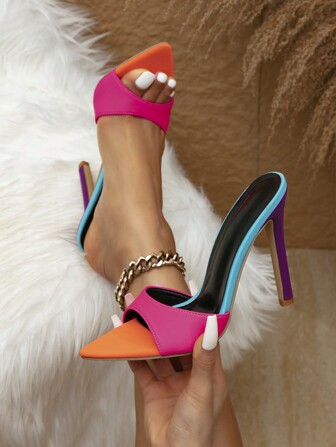 Women's Fashion Sexy Open Toe Colorblock Stretch Fabric Stiletto High Heel Slide Sandals For Party