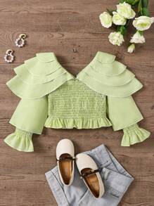 SHEIN Young Girl Solid Color Bell Sleeve Blouse - Green - View 2
