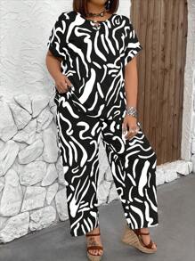 EMERY ROSE 大碼印花休閒短袖上衣和寬腿長褲套裝 - 黑色 - 查看 5