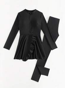 Swim Mulvari Women Summer Beach Solid Ruffle Trim Burkini Set Arabic Clothing - Black - View 5