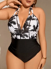 Swim Lushoire Plus Size Summer Beach Color Block Coconut Tree Print Spliced Halterneck One-Piece Swimsuit - Multicolor - View 4