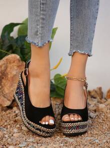 Spring/Summer New Women Fashionable Back Strap Wedge Sandals With Flower Print Packaging And  Rope Decoration And Super High Thick Sole (Color Of The Packaging Flower Print Is Shipped Randomly)