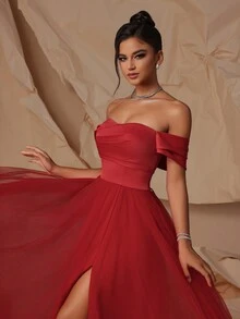 Vestido de noche formal de mujer VIPGIRL con hombros descubiertos, malla y cintura alta en contraste