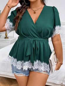 Celure 大尺碼拼色蕾絲拼接短袖夏季襯衫 - 墨綠色 - 查看 4