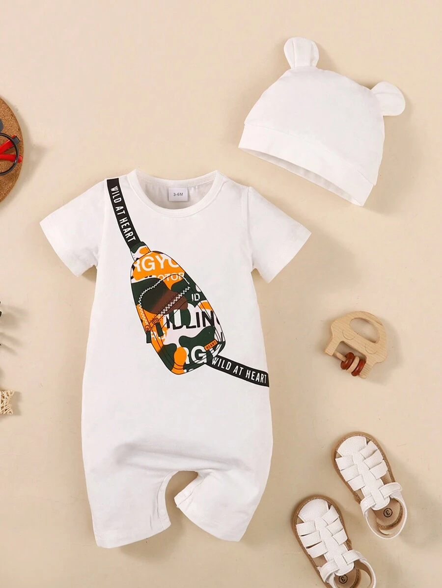 Pelele de una sola pieza para bebés niños con estampado en forma de bolso y cuello redondo