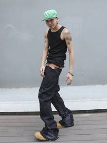 Manfinity Roghcode Męskie jeansy Street Fashion z prostymi nogawkami i kolorowym blokiem kolorów, z postrzępionym brzegiem, workowate, długie, ciemne, jeansowe, cargo, gładkie, niebieskie, imprezowe, na wyjście, do pracy, na ulicę, w stylu grunge