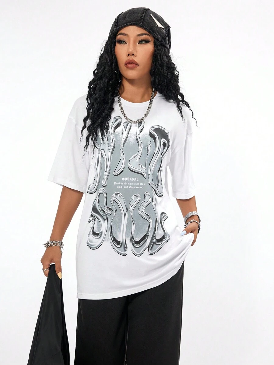 Coolane Women Streetwear Y2K Graphics Over Size T Shirt - White - View 1