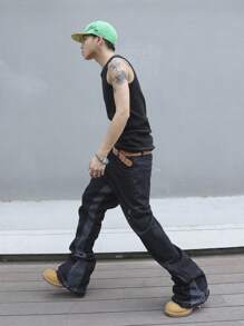 Manfinity Roghcode Męskie jeansy Street Fashion z prostymi nogawkami i kolorowym blokiem kolorów, z postrzępionym brzegiem, workowate, długie, ciemne, jeansowe, cargo, gładkie, niebieskie, imprezowe, na wyjście, do pracy, na ulicę, w stylu grunge