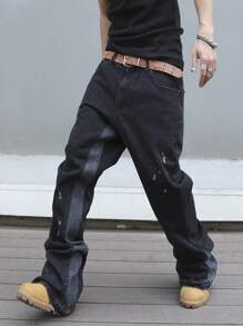 Manfinity Roghcode Męskie jeansy Street Fashion z prostymi nogawkami i kolorowym blokiem kolorów, z postrzępionym brzegiem, workowate, długie, ciemne, jeansowe, cargo, gładkie, niebieskie, imprezowe, na wyjście, do pracy, na ulicę, w stylu grunge