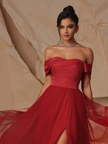 Vestido de noche formal de mujer VIPGIRL con hombros descubiertos, malla y cintura alta en contraste