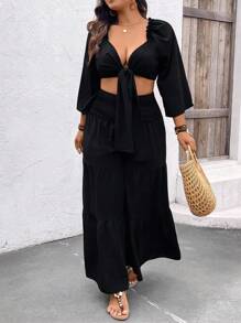 SHEIN Clasi Plus Size Women's Solid Color Front Knot Top & Skirt Set - Black - View 5