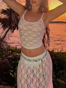 Summer Transparent Lace Tight Crop Top Camisole - White - View 1