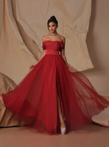 Vestido de noche formal de mujer VIPGIRL con hombros descubiertos, malla y cintura alta en contraste