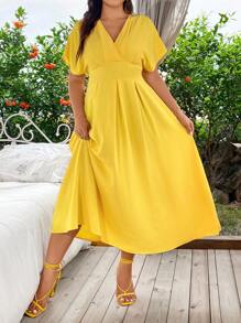 SHEIN LUNE Vestido maxi de mujer de talla grande de unicolor con pliegues - Amarillo - Ver 4