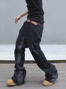 Manfinity Roghcode Męskie jeansy Street Fashion z prostymi nogawkami i kolorowym blokiem kolorów, z postrzępionym brzegiem, workowate, długie, ciemne, jeansowe, cargo, gładkie, niebieskie, imprezowe, na wyjście, do pracy, na ulicę, w stylu grunge