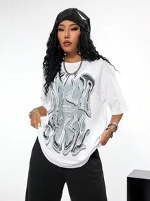 Coolane Women Streetwear Y2K Graphics Over Size T Shirt - White - View 6