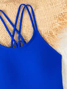 Tween Girl Casual And Versatile Solid Color One-Piece Swimsuit With Double Shoulder Straps - Blue - View 3